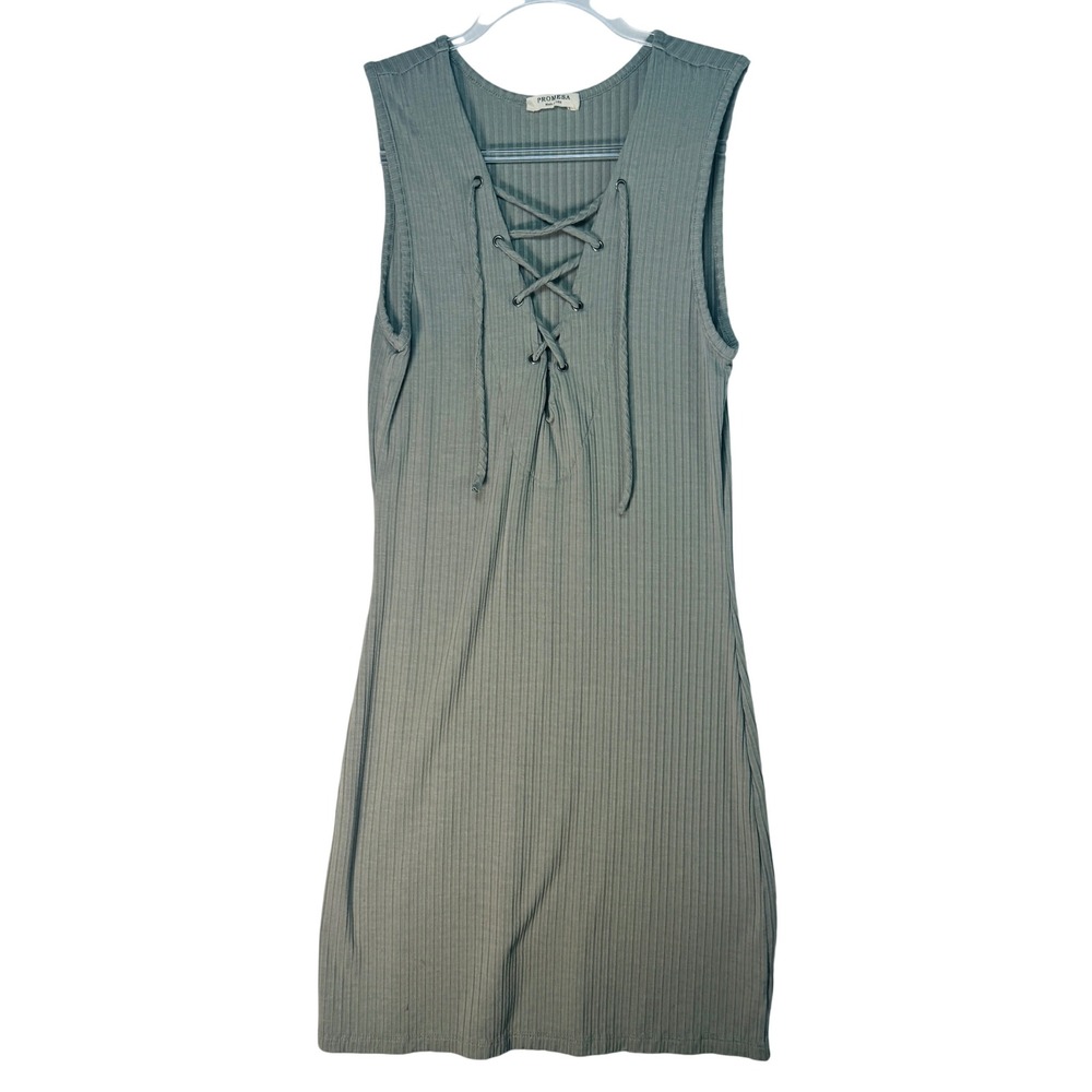 Promesa Lace-Up Ribbed‎ Dress Women's M Sage Green Boho Soft Knit Tank Dress USA